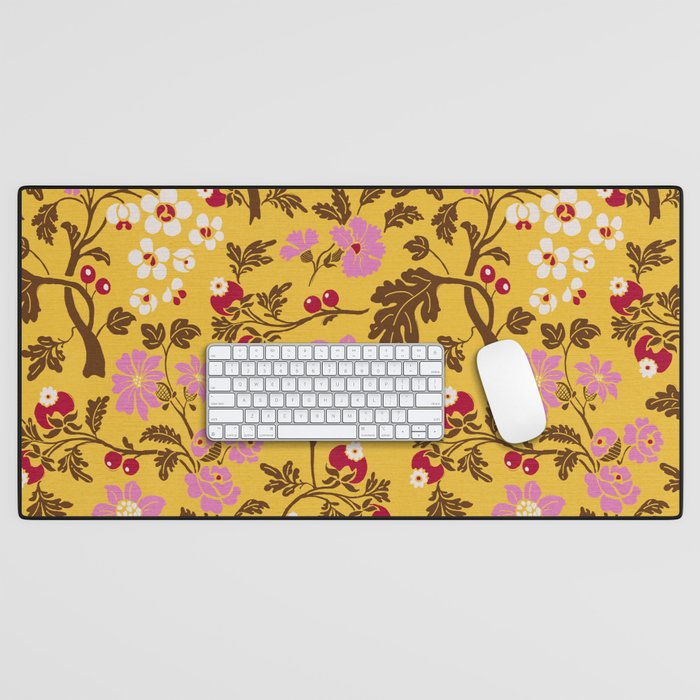 Chinoiserie Hand Drawn Florals On Yellow Desk Mat Gallery Image 1
