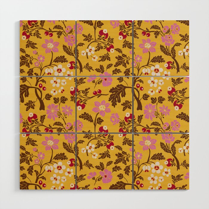 Chinoiserie Hand Drawn Florals On Yellow Wood Wall Art Gallery Image 1