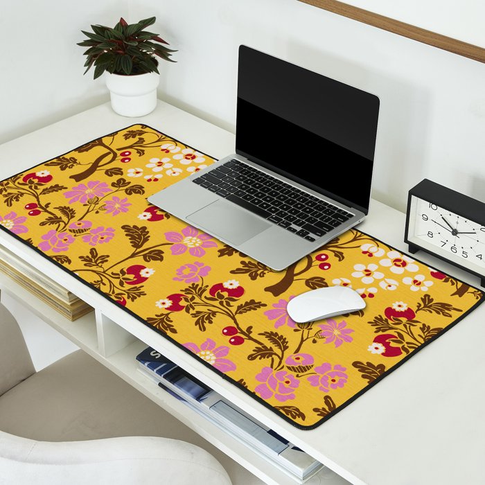 Chinoiserie Hand Drawn Florals On Yellow Desk Mat Gallery Image 2
