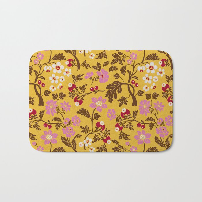 Chinoiserie Hand Drawn Florals On Yellow Bath Mat Gallery Image 1