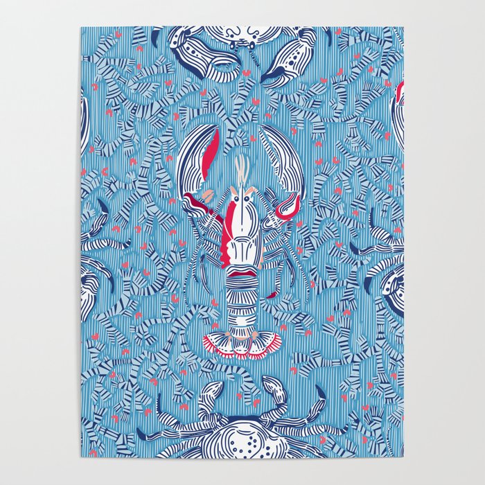 Lobster and crab coastal nostalgia summer blue Poster Gallery Image 1