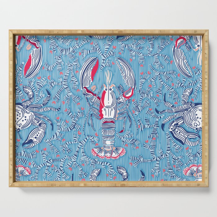 Lobster and crab coastal nostalgia summer blue Serving Tray Gallery Image 1