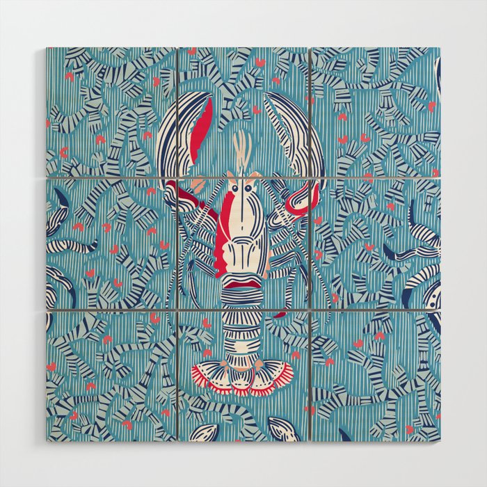 Lobster and crab coastal nostalgia summer blue Wood Wall Art Gallery Image 1