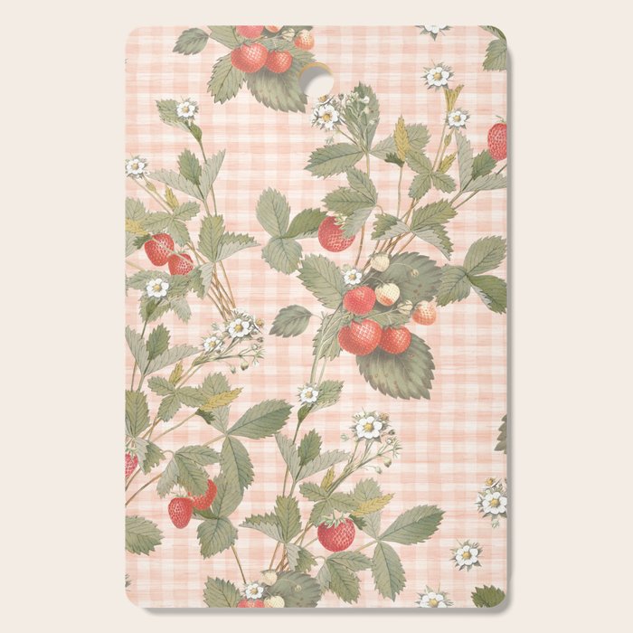 Vintage wild strawberries on cottage pink gingham pattern Cutting Board Gallery Image 1