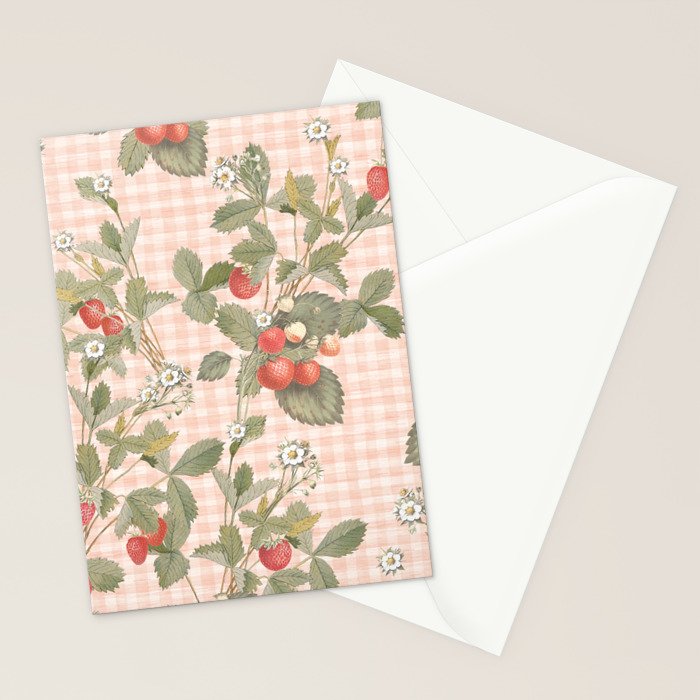 Vintage wild strawberries on cottage pink gingham pattern Stationery Card Gallery Image 2