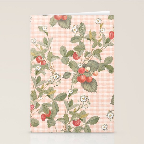 Vintage wild strawberries on cottage pink gingham pattern Stationery Card Gallery Image 2