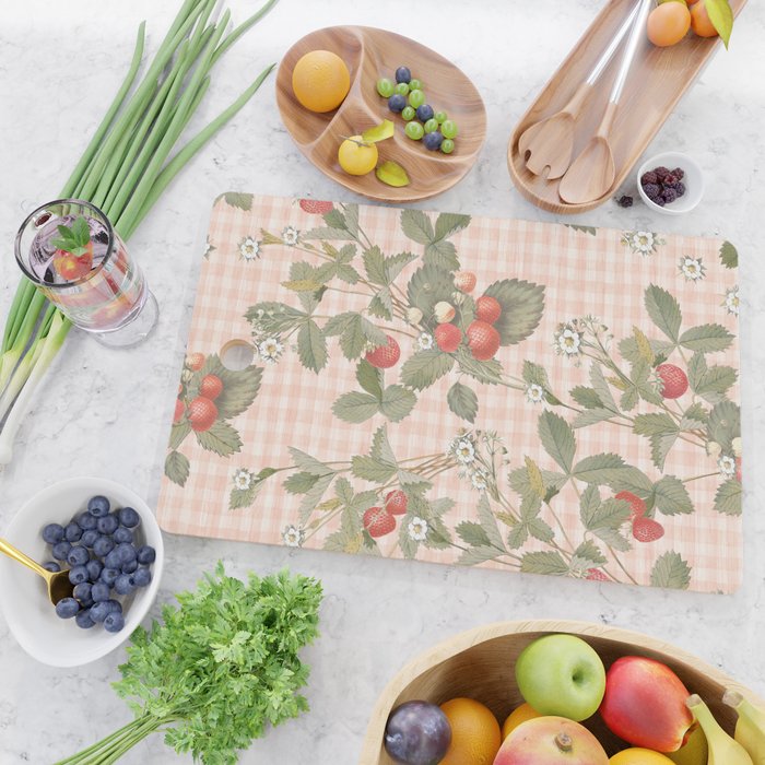 Vintage wild strawberries on cottage pink gingham pattern Cutting Board Gallery Image 2