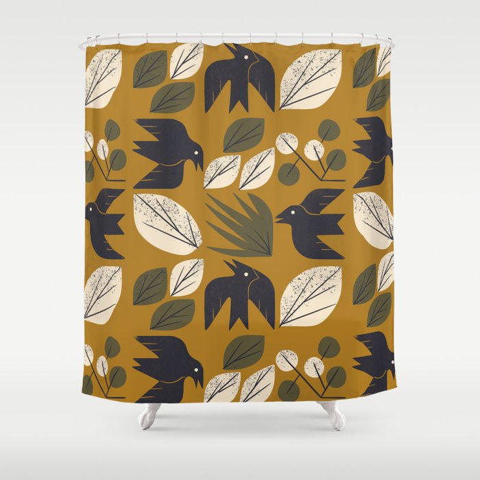 Birds and Leaves Grid Shower Curtain Gallery Image 1