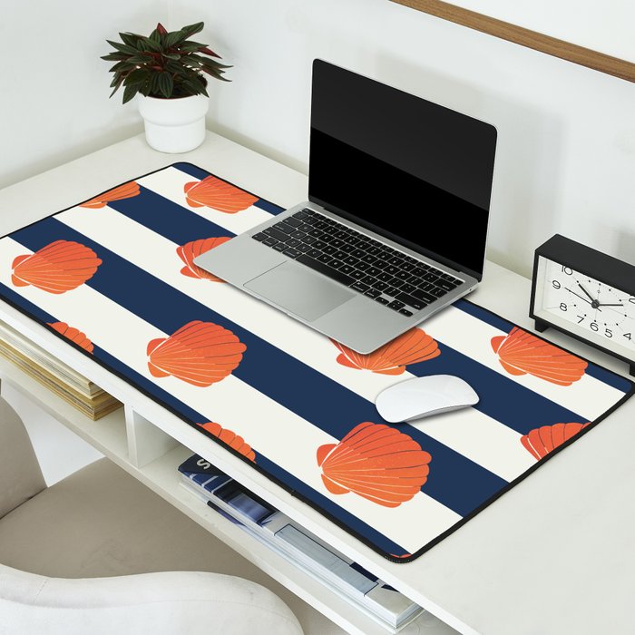 Orange clamshell and navy stripes Desk Mat Gallery Image 2