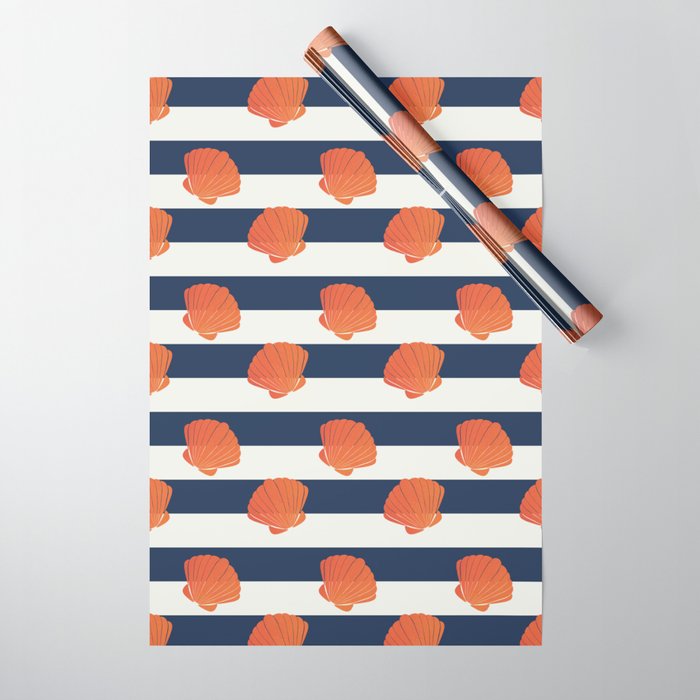 Orange clamshell and navy stripes Wrapping Paper Gallery Image 1