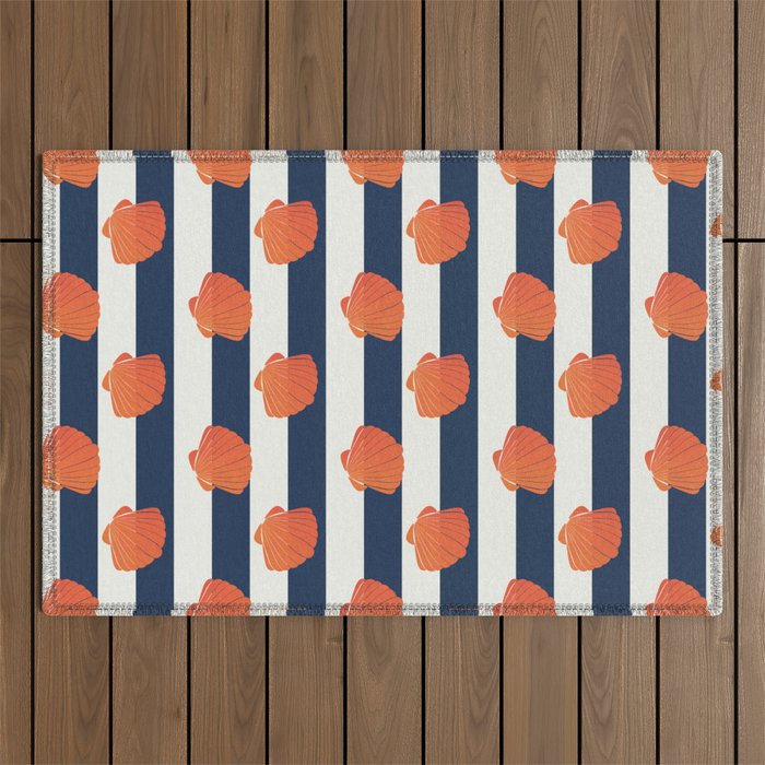 Orange clamshell and navy stripes Outdoor Rug Gallery Image 1