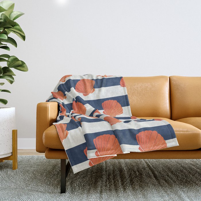 Orange clamshell and navy stripes Throw Blanket Gallery Image 1