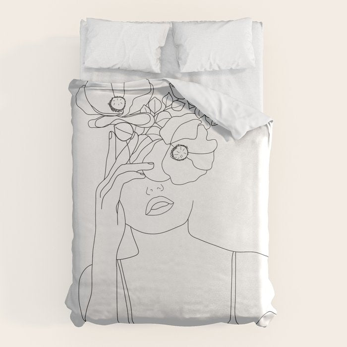 Minimal Line Art Woman with Flowers II Duvet Cover Gallery Image 6