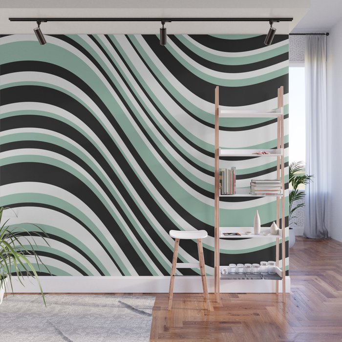 Wavy Stripes XII - Mint, Black and White Wall Mural Gallery Image 1