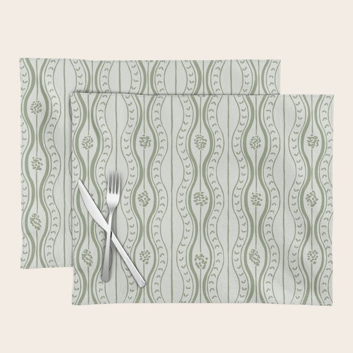 Wavy lines and tiny blooms - sage green tones pattern Placemat Gallery Image 1