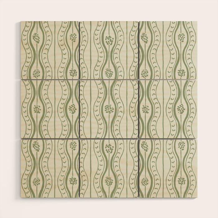 Wavy lines and tiny blooms - sage green tones pattern Wood Wall Art Gallery Image 1