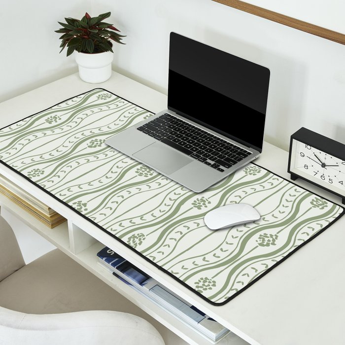 Wavy lines and tiny blooms - sage green tones pattern Desk Mat Gallery Image 2