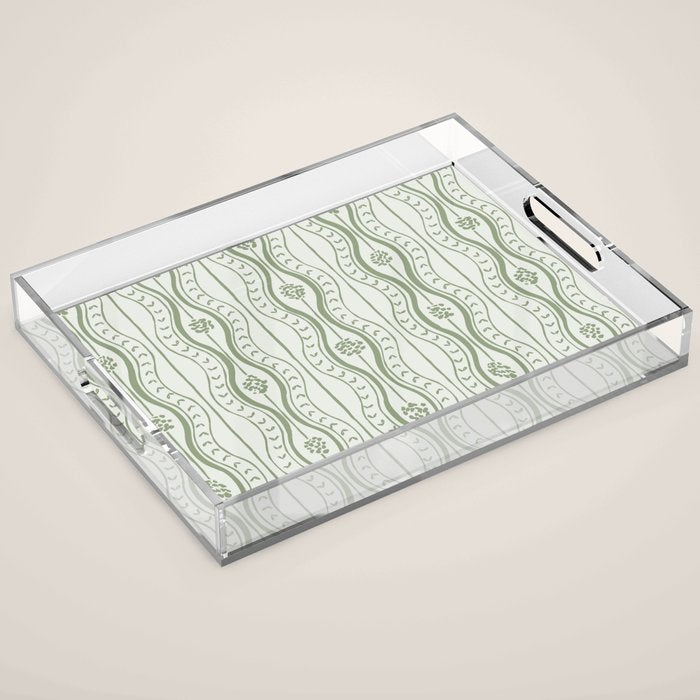 Wavy lines and tiny blooms - sage green tones pattern Acrylic Tray Gallery Image 1
