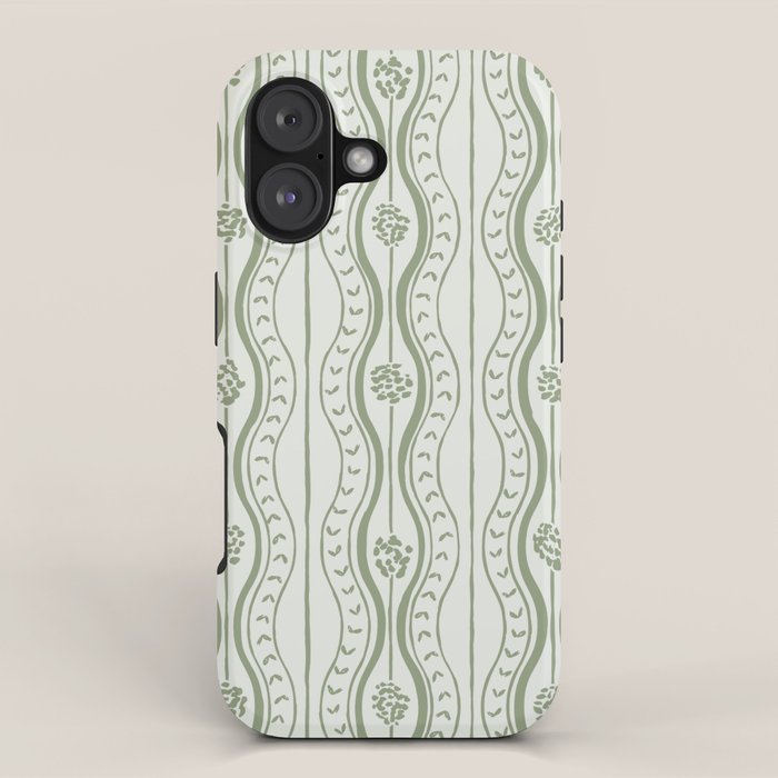 Wavy lines and tiny blooms - sage green tones pattern iPhone Case Gallery Image 1