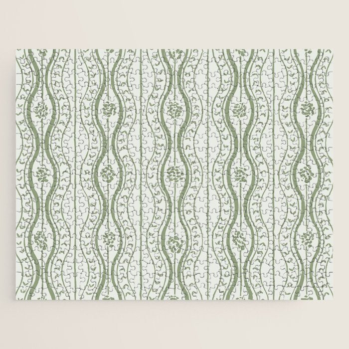Wavy lines and tiny blooms - sage green tones pattern Jigsaw Puzzle Gallery Image 1