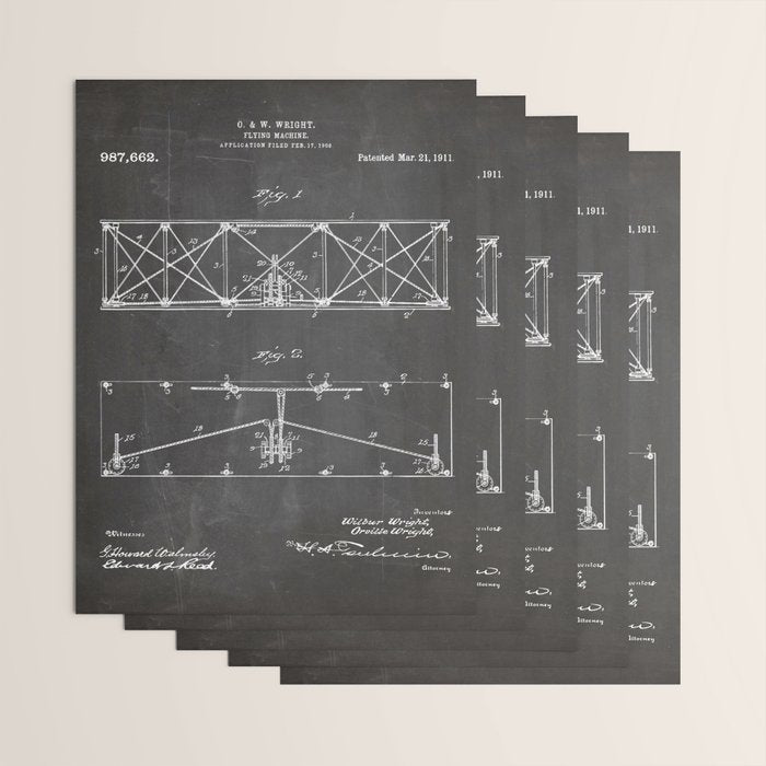 Wright Brother'S Plane Patent - Aviation Art - Black Chalkboard Wrapping Paper Gallery Image 3