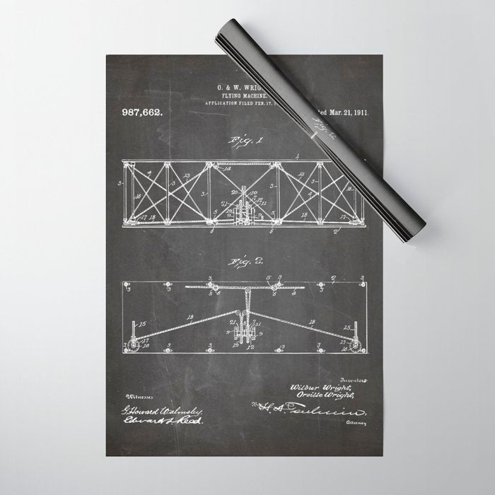 Wright Brother'S Plane Patent - Aviation Art - Black Chalkboard Wrapping Paper Gallery Image 1