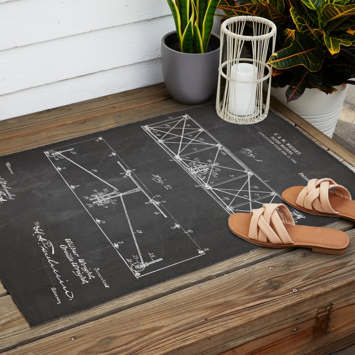 Wright Brother'S Plane Patent - Aviation Art - Black Chalkboard Outdoor Rug Gallery Image 2