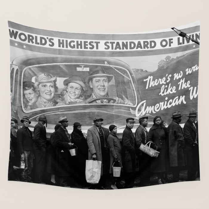 African American Flood Victims American Way Highest Standard of living black and white photograph Wall Tapestry Gallery Image 1