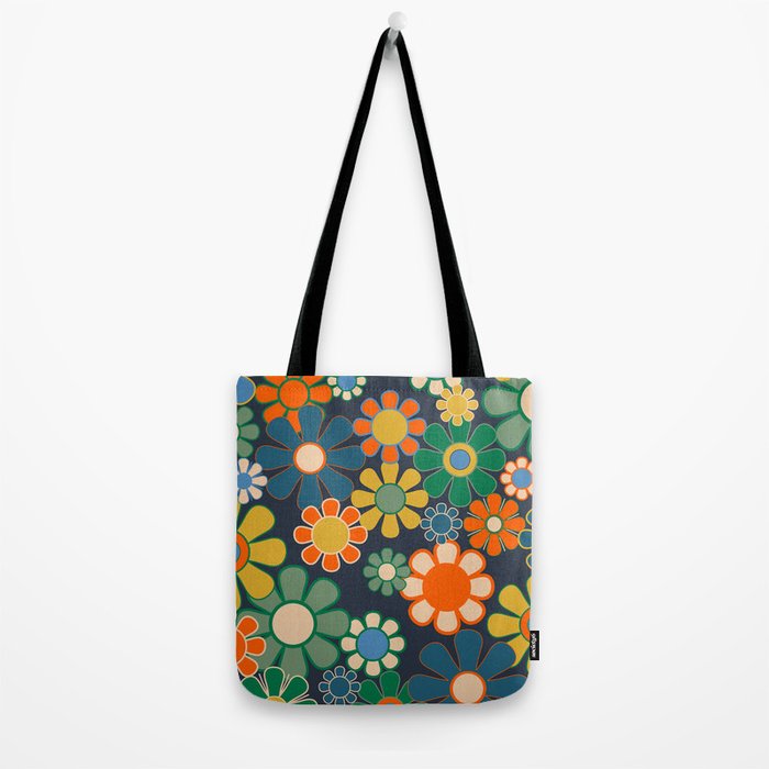 Retro Floral 60s 70s Garden Flowers Pattern Blue Green Orange Mustard Tote Bag Gallery Image 2