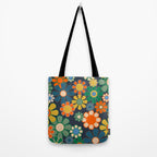 Retro Floral 60s 70s Garden Flowers Pattern Blue Green Orange Mustard Tote Bag Gallery Image 2