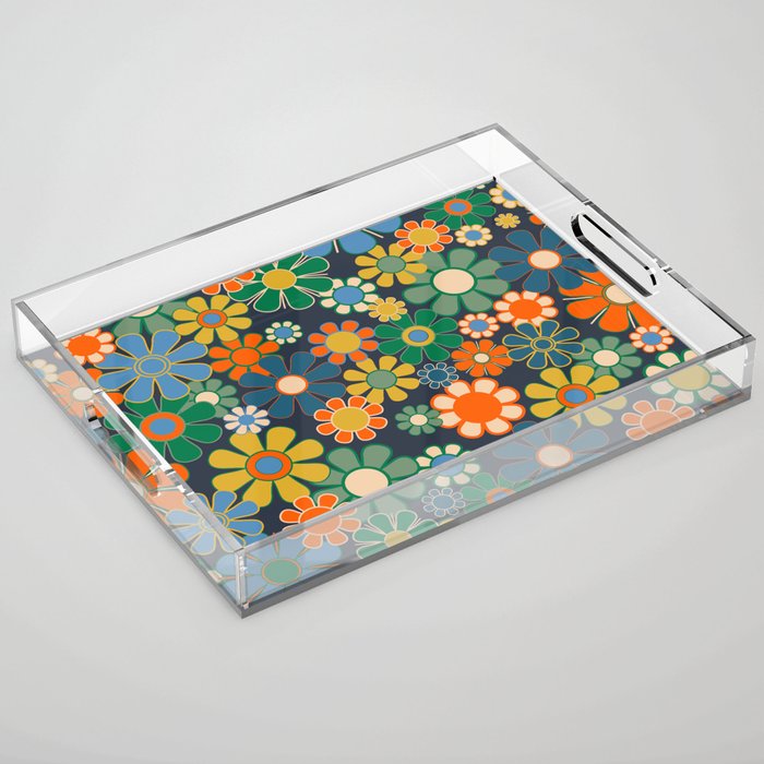 Retro Floral 60s 70s Garden Flowers Pattern Blue Green Orange Mustard Acrylic Tray Gallery Image 1