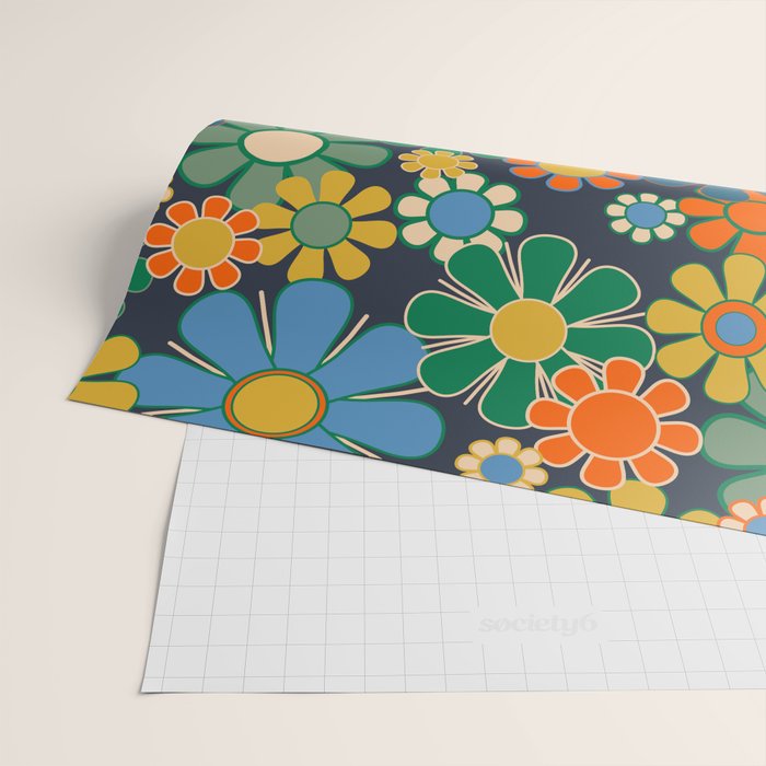 Retro Floral 60s 70s Garden Flowers Pattern Blue Green Orange Mustard Wrapping Paper Gallery Image 2