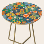 Retro Floral 60s 70s Garden Flowers Pattern Blue Green Orange Mustard Side Table Gallery Image 2