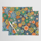 Retro Floral 60s 70s Garden Flowers Pattern Blue Green Orange Mustard Placemat Gallery Image 1