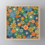Retro Floral 60s 70s Garden Flowers Pattern Blue Green Orange Mustard Mini Art Print Gallery Image 1