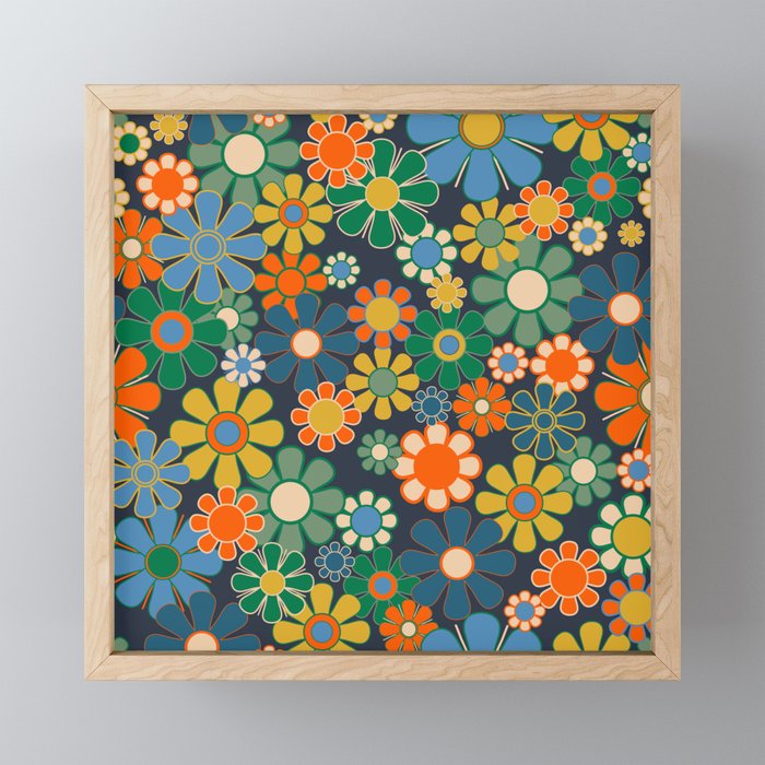 Retro Floral 60s 70s Garden Flowers Pattern Blue Green Orange Mustard Mini Art Print Gallery Image 1