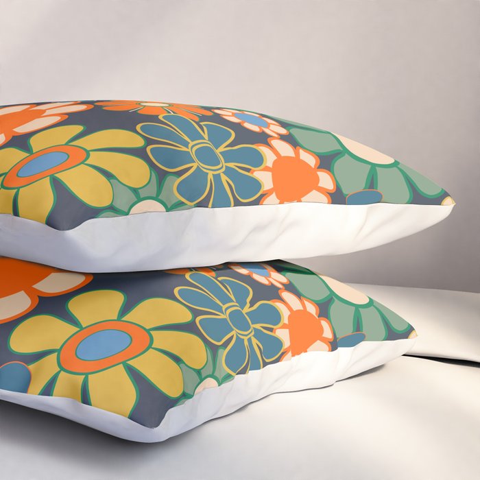 Retro Floral 60s 70s Garden Flowers Pattern Blue Green Orange Mustard Pillow Sham Gallery Image 3