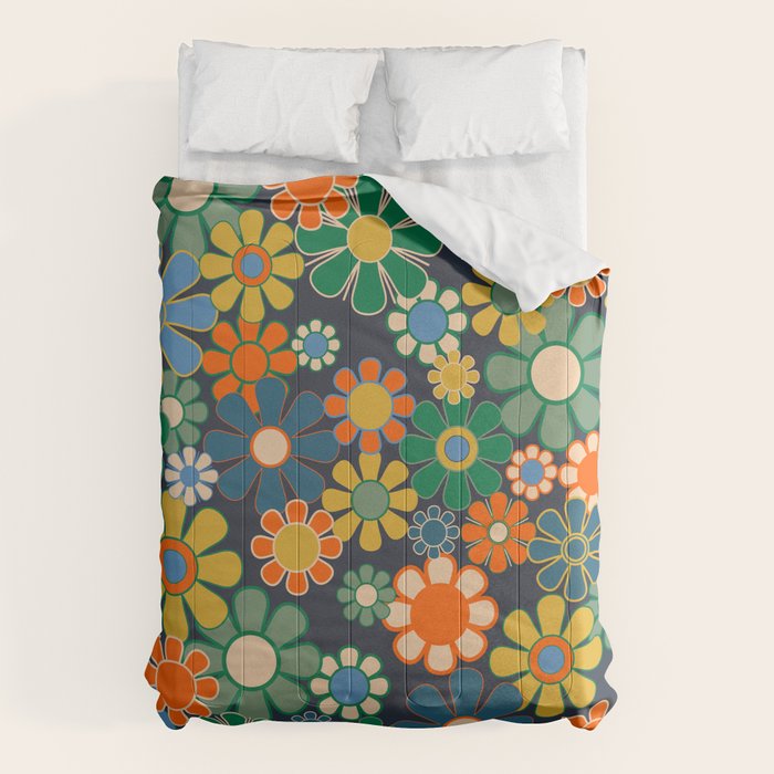 Retro Floral 60s 70s Garden Flowers Pattern Blue Green Orange Mustard Comforter Gallery Image 1