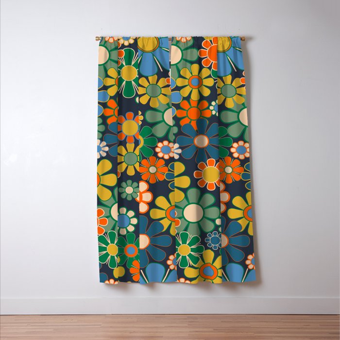 Retro Floral 60s 70s Garden Flowers Pattern Blue Green Orange Mustard Window Curtain Gallery Image 3
