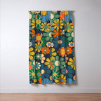 Retro Floral 60s 70s Garden Flowers Pattern Blue Green Orange Mustard Window Curtain Gallery Image 3