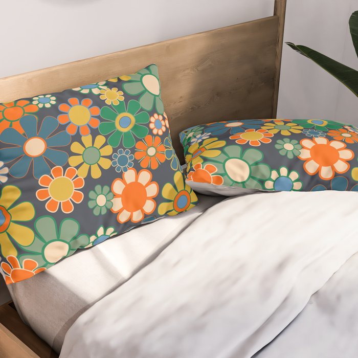 Retro Floral 60s 70s Garden Flowers Pattern Blue Green Orange Mustard Pillow Sham Gallery Image 2