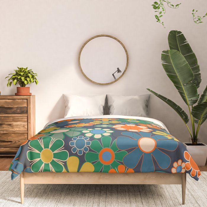 Retro Floral 60s 70s Garden Flowers Pattern Blue Green Orange Mustard Comforter Gallery Image 3