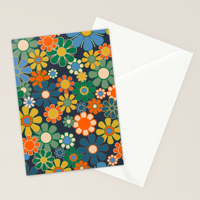 Retro Floral 60s 70s Garden Flowers Pattern Blue Green Orange Mustard Stationery Card Gallery Image 2