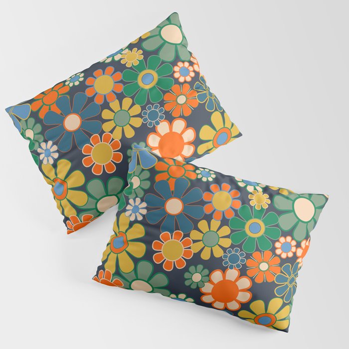 Retro Floral 60s 70s Garden Flowers Pattern Blue Green Orange Mustard Pillow Sham Gallery Image 1