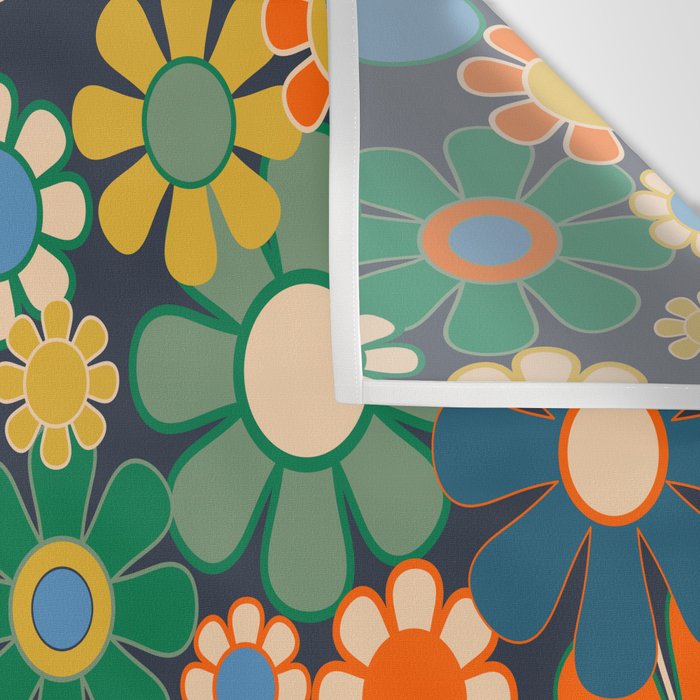 Retro Floral 60s 70s Garden Flowers Pattern Blue Green Orange Mustard Wall Tapestry Gallery Image 3