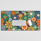 Retro Floral 60s 70s Garden Flowers Pattern Blue Green Orange Mustard Desk Mat Gallery Image 1