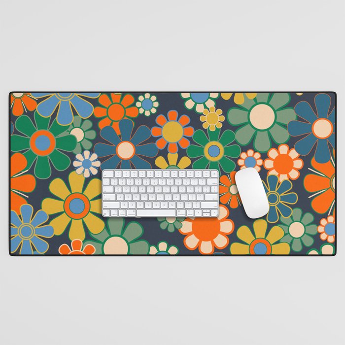 Retro Floral 60s 70s Garden Flowers Pattern Blue Green Orange Mustard Desk Mat Gallery Image 1