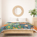 Retro Floral 60s 70s Garden Flowers Pattern Blue Green Orange Mustard Duvet Cover Gallery Image 3