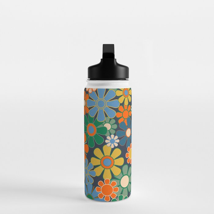 Retro Floral 60s 70s Garden Flowers Pattern Blue Green Orange Mustard Water Bottle Gallery Image 3