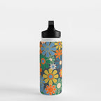 Retro Floral 60s 70s Garden Flowers Pattern Blue Green Orange Mustard Water Bottle Gallery Image 3